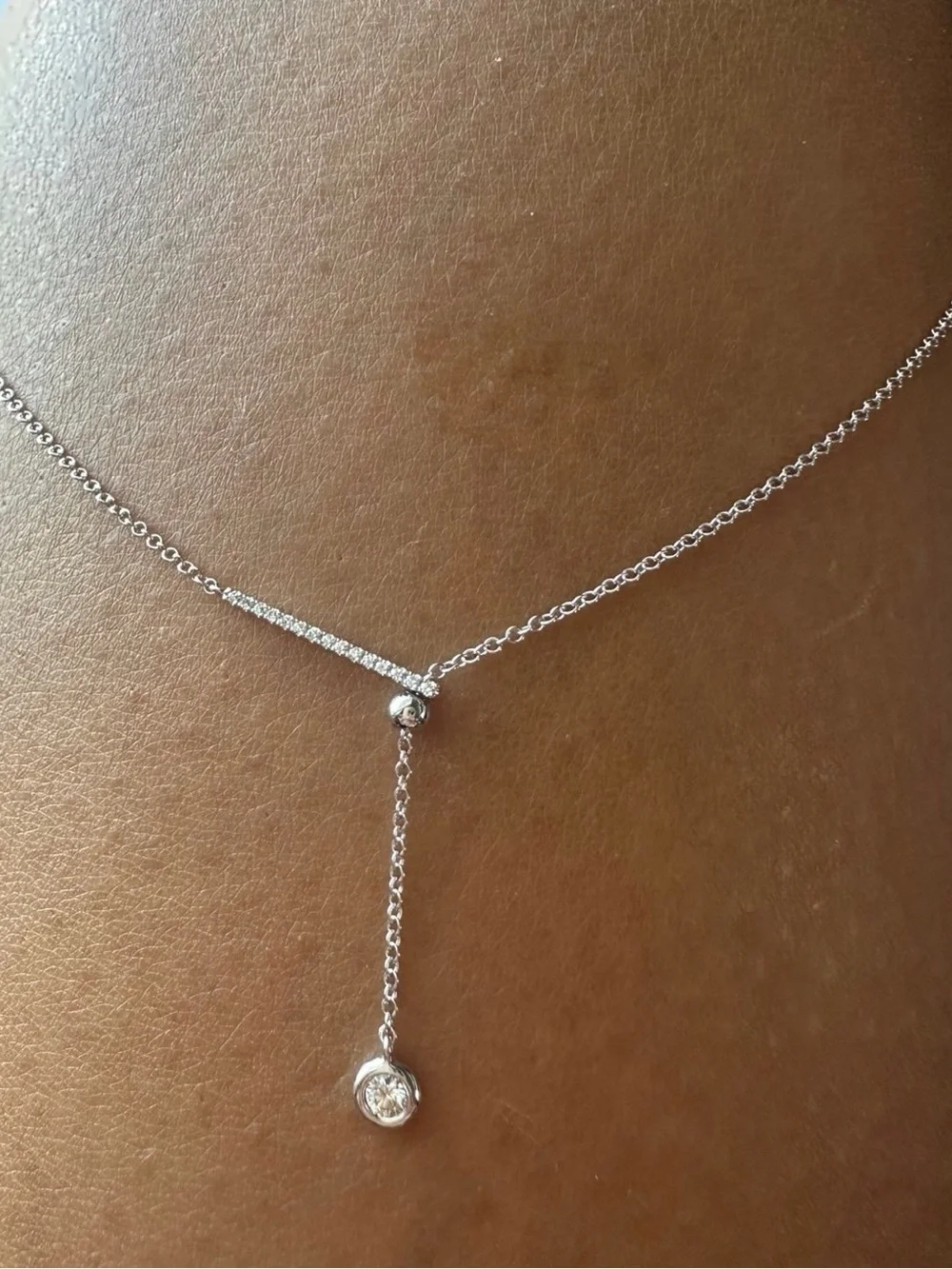 Adjustable 14K White Gold 0.12ctw Natural Diamond Bar Lariat Y Necklace 18”
